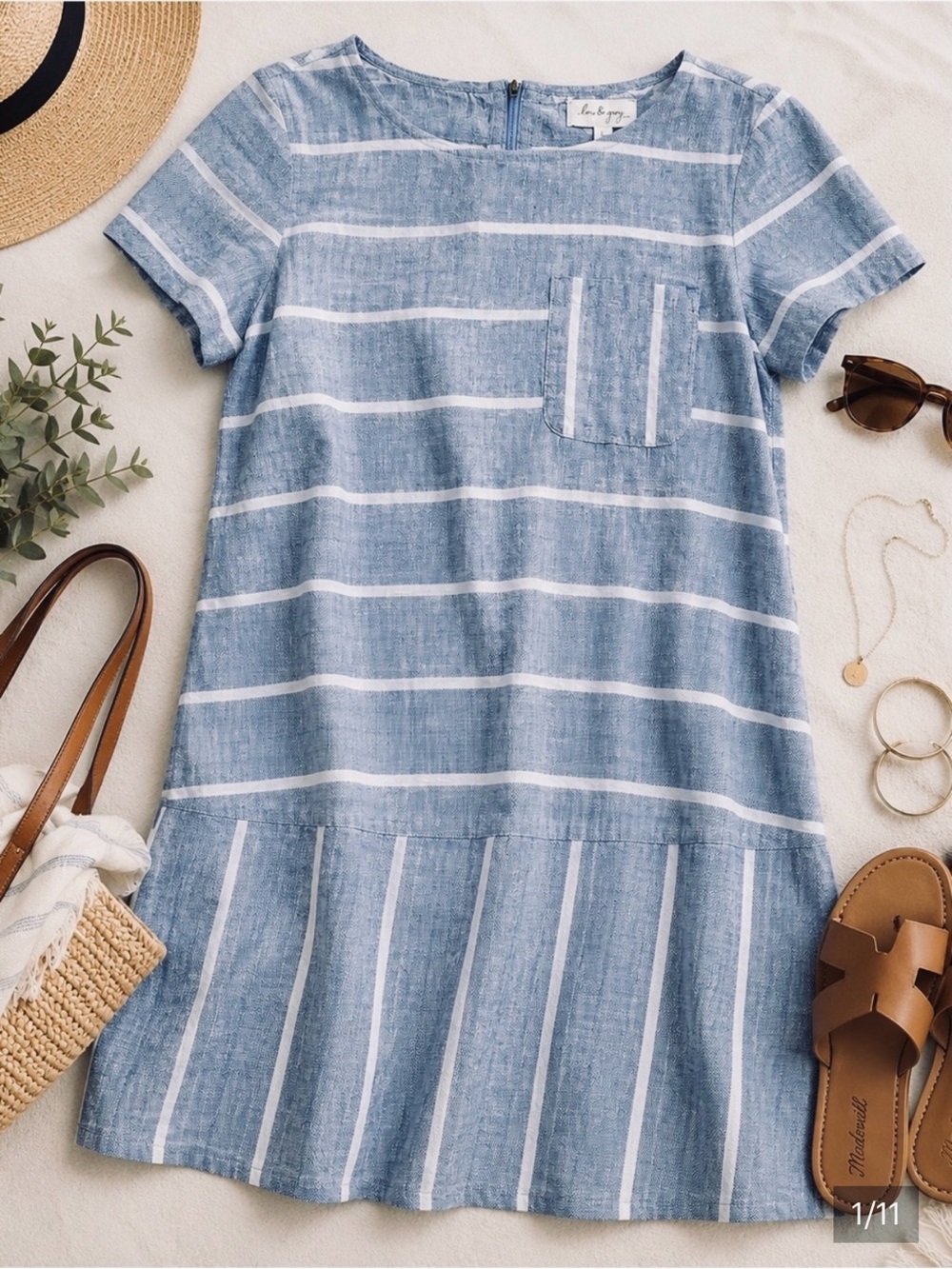 Lou & Grey Blue White Striped 100% Linen Shift Dress Large